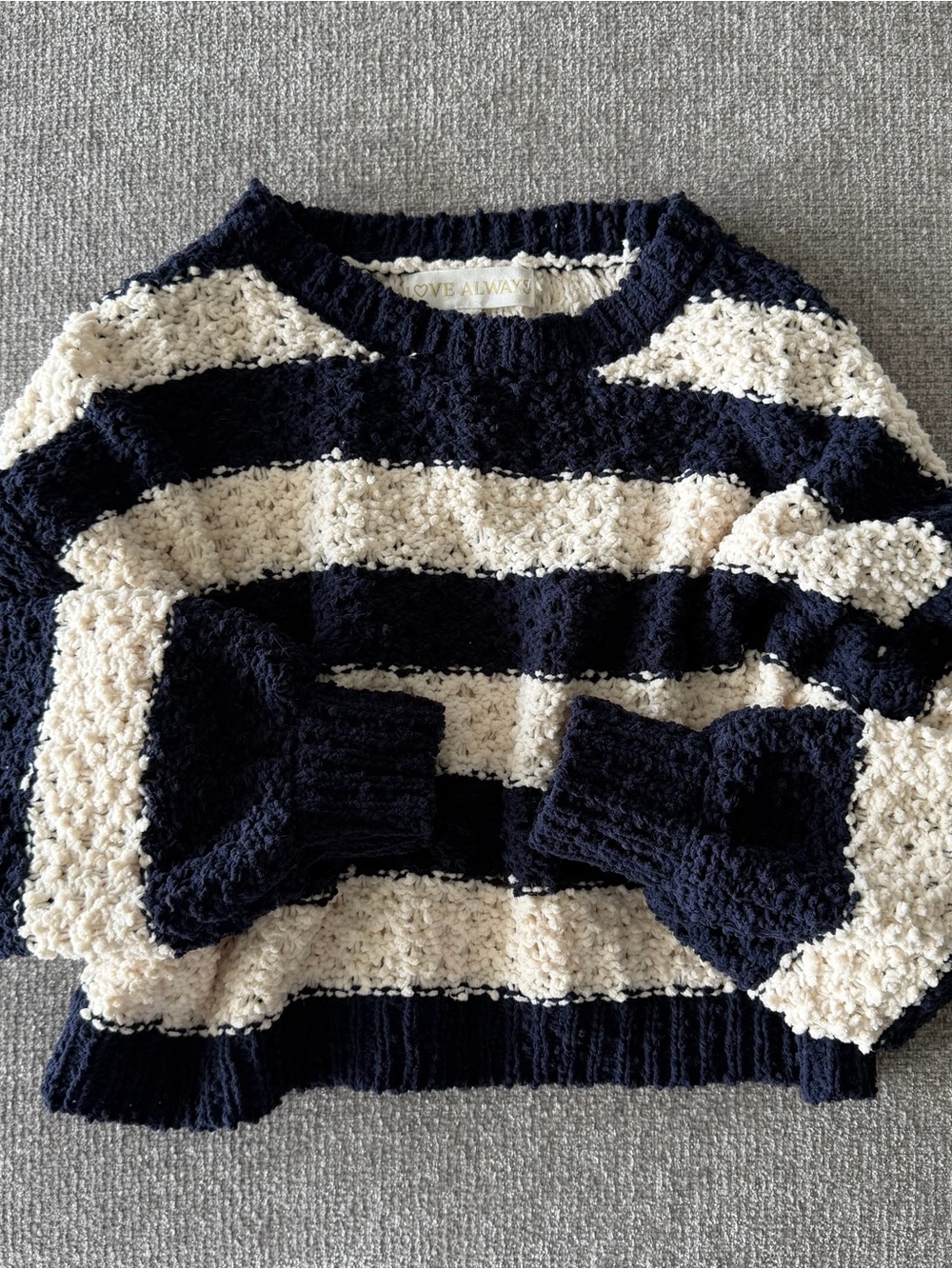 Striped Navy and Cream Textured Crewneck Sweater